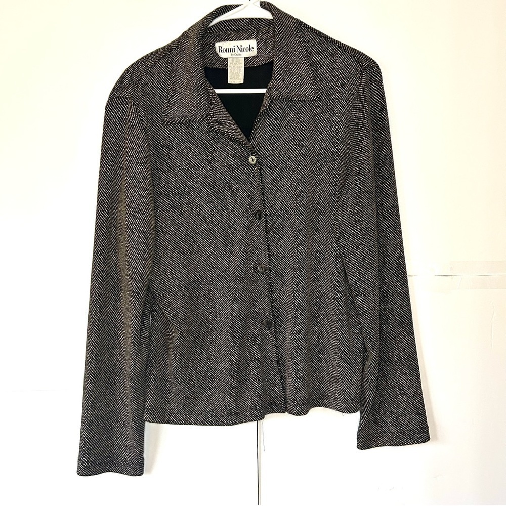 Vintage Ronni Nicole Blazer Style Top 90s Button Front Black Tan Size 12